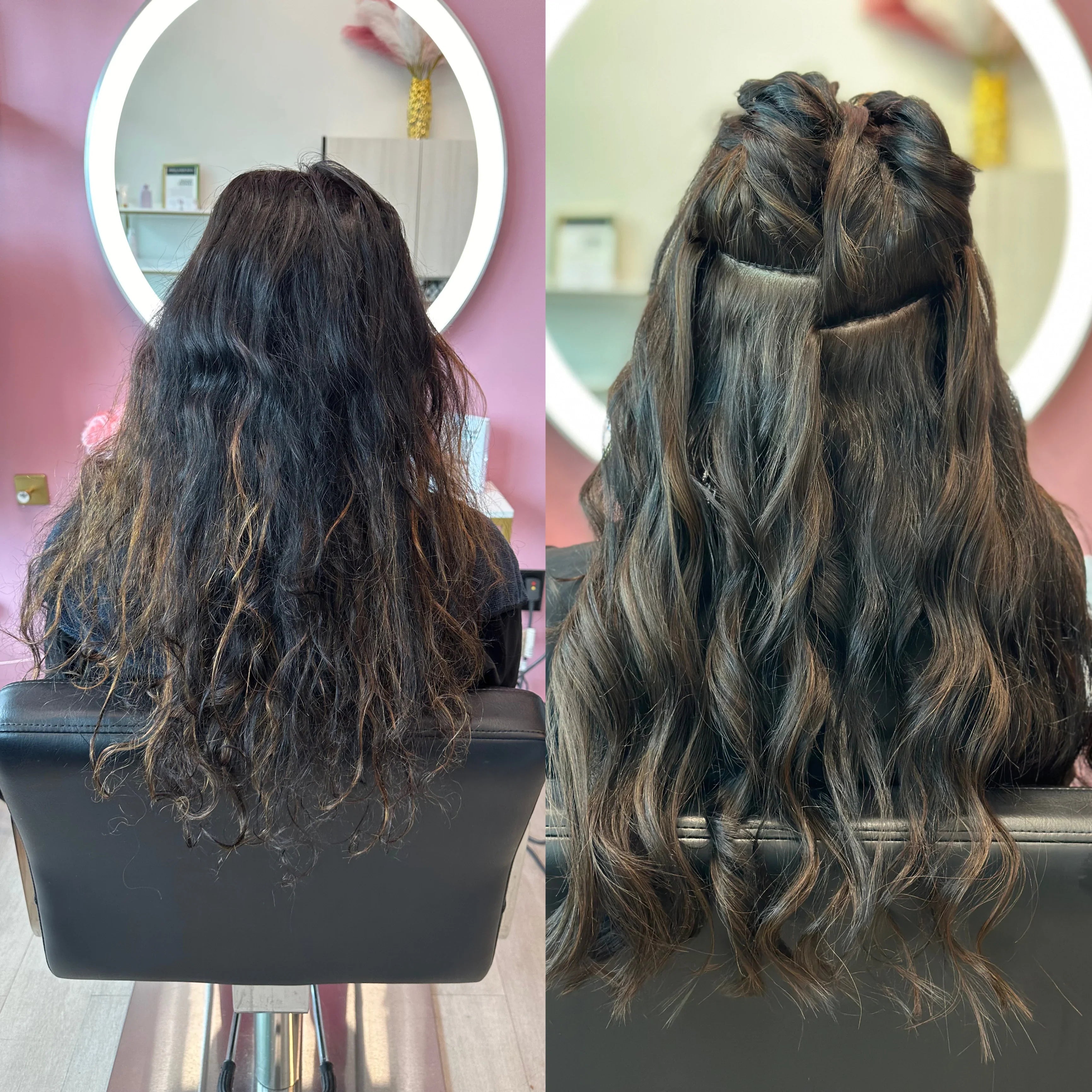 Before and after hair extensions transformation at Signature Extensions, Delray Beach FL