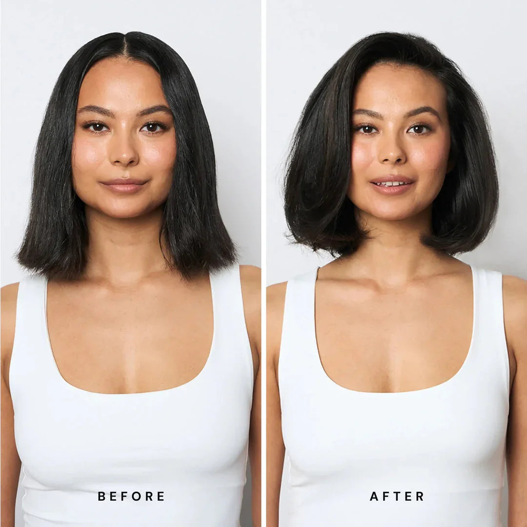 Before and after hair transformation showing volume and thickness, Delray Beach FL hair studio results.