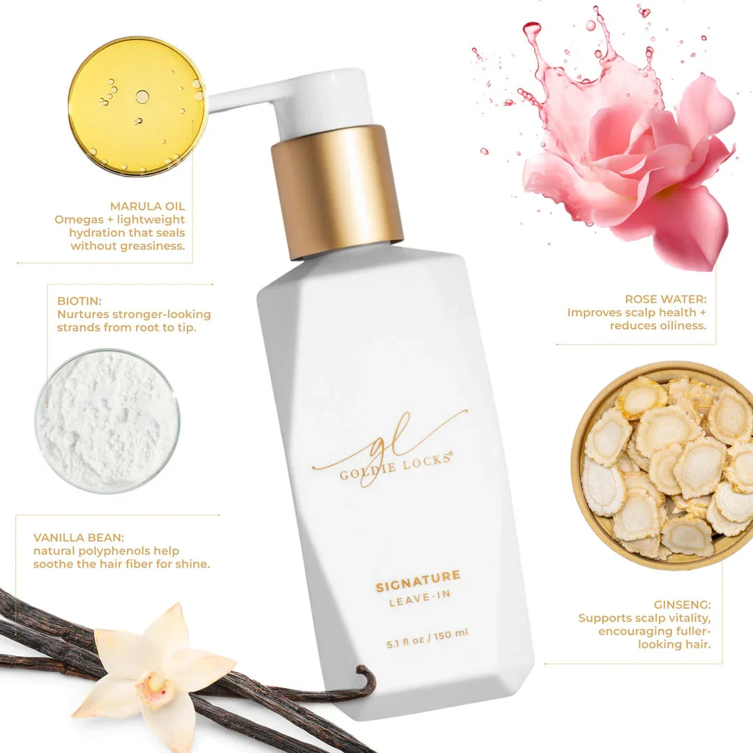 Luxury leave-in hair treatment with marula oil, biotin, rose water, ginseng, and vanilla bean, ideal for hair extensions and hair care in Delray Beach FL.