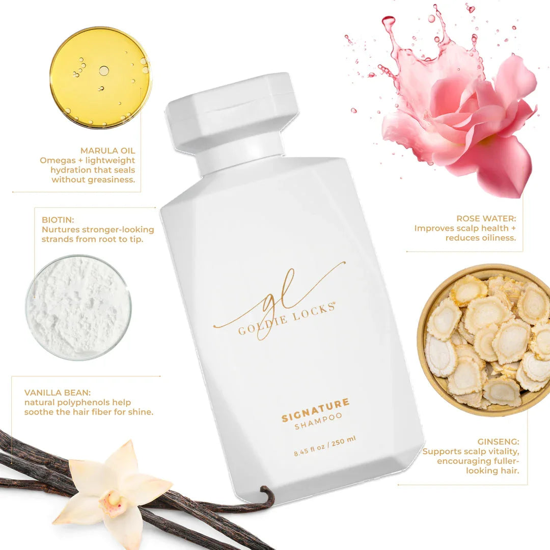 Goldie Locks Signature Shampoo bottle with key ingredients for hair extensions care, Delray Beach FL