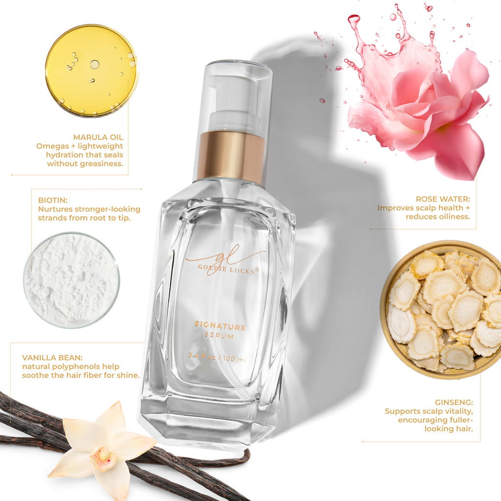 Luxury hair serum bottle with marula oil, biotin, vanilla, rose water, and ginseng ingredients for hair care, ideal for hair transformations in Delray Beach FL.