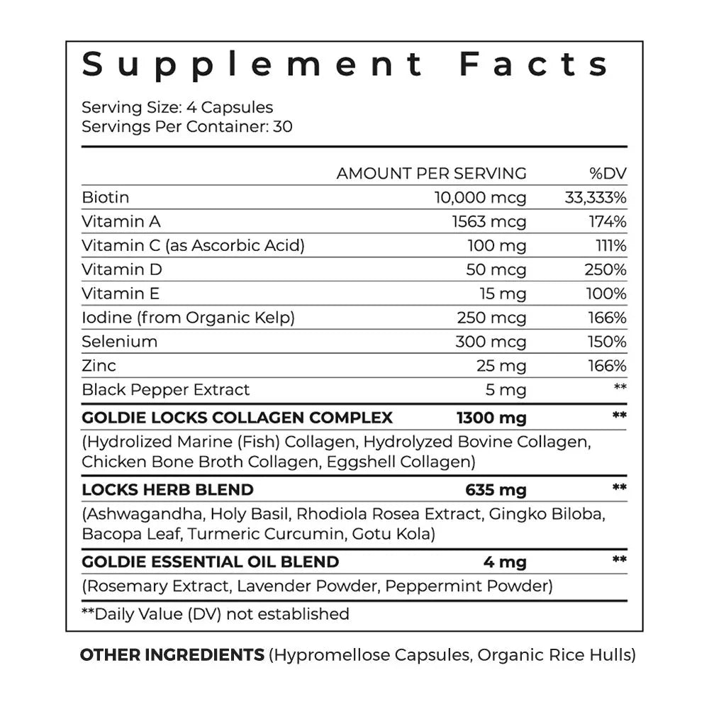 Supplement facts label for hair care capsules with vitamins, collagen, and herb blend, Delray Beach FL.