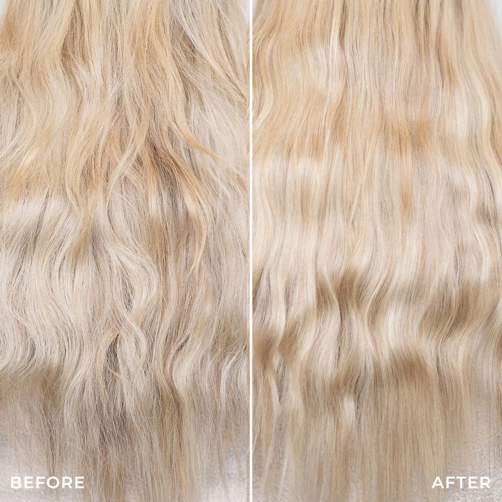 Before and after results of blonde hair transformation using leave-in conditioner at Delray Beach FL luxury hair extension studio
