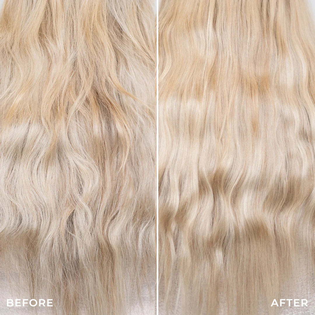 Before and after results of blonde hair transformation using leave-in conditioner at Delray Beach FL luxury hair extension studio