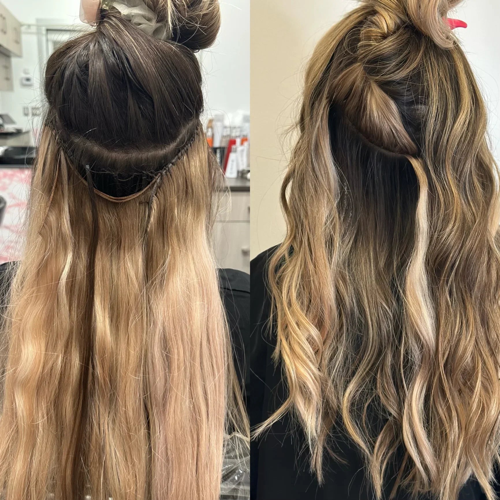 Before and after hair extension transformation in Delray Beach FL with blended blonde waves